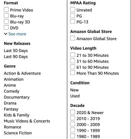 Faceted search on Amazon