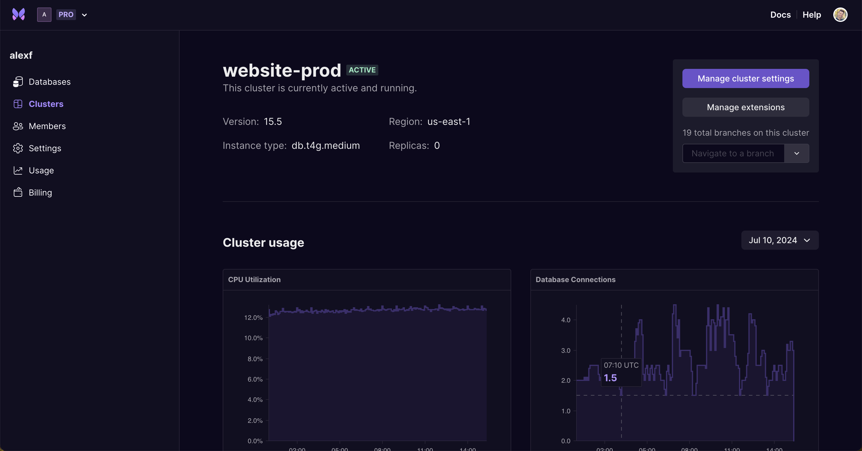 Dedicated cluster overview page