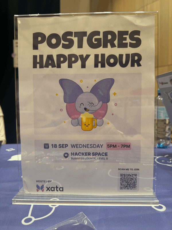 Postgres Happy Hour poster with our cute mascot Xumbo having a beer