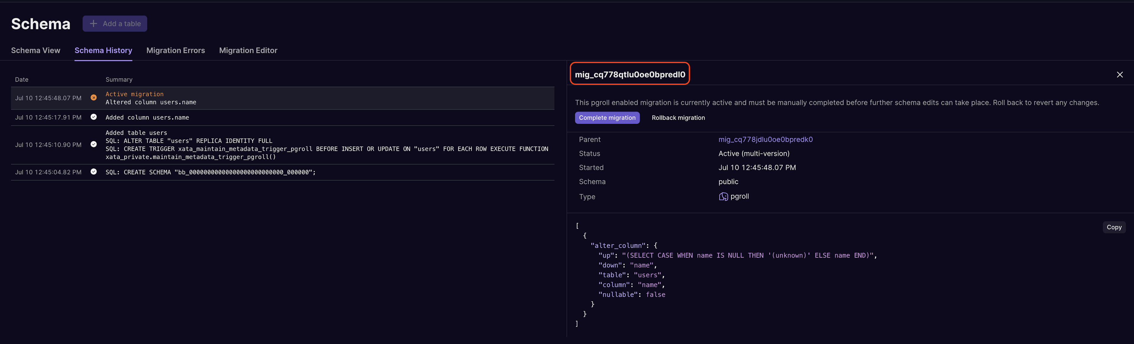 The schema history view shows all schema changes on the branch, along with the name of each migration