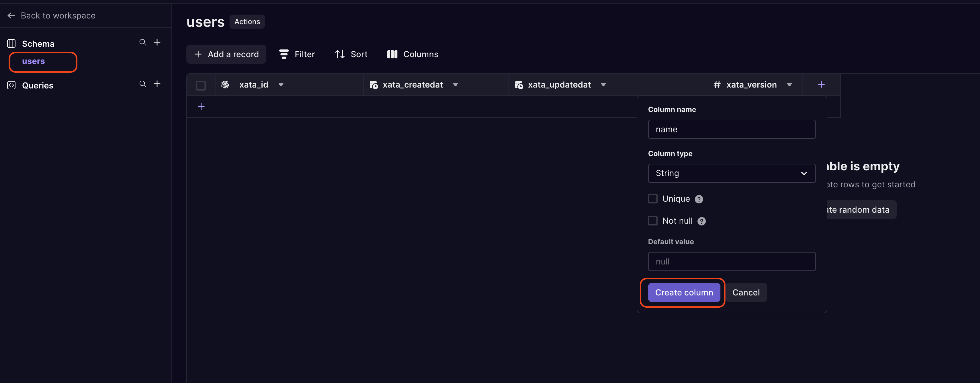 Create a new users table in Xata and add a name column