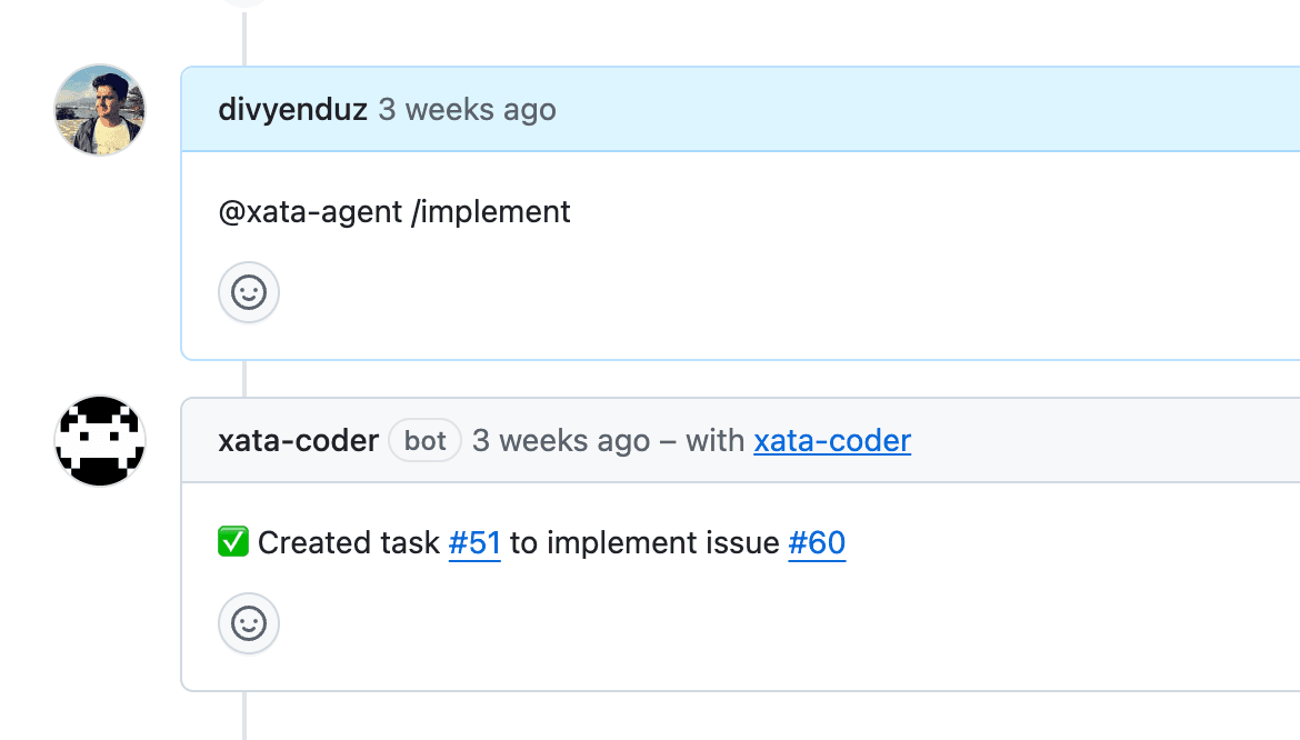 GitHub issue showing comment to initiate Xata agent to fix the issue