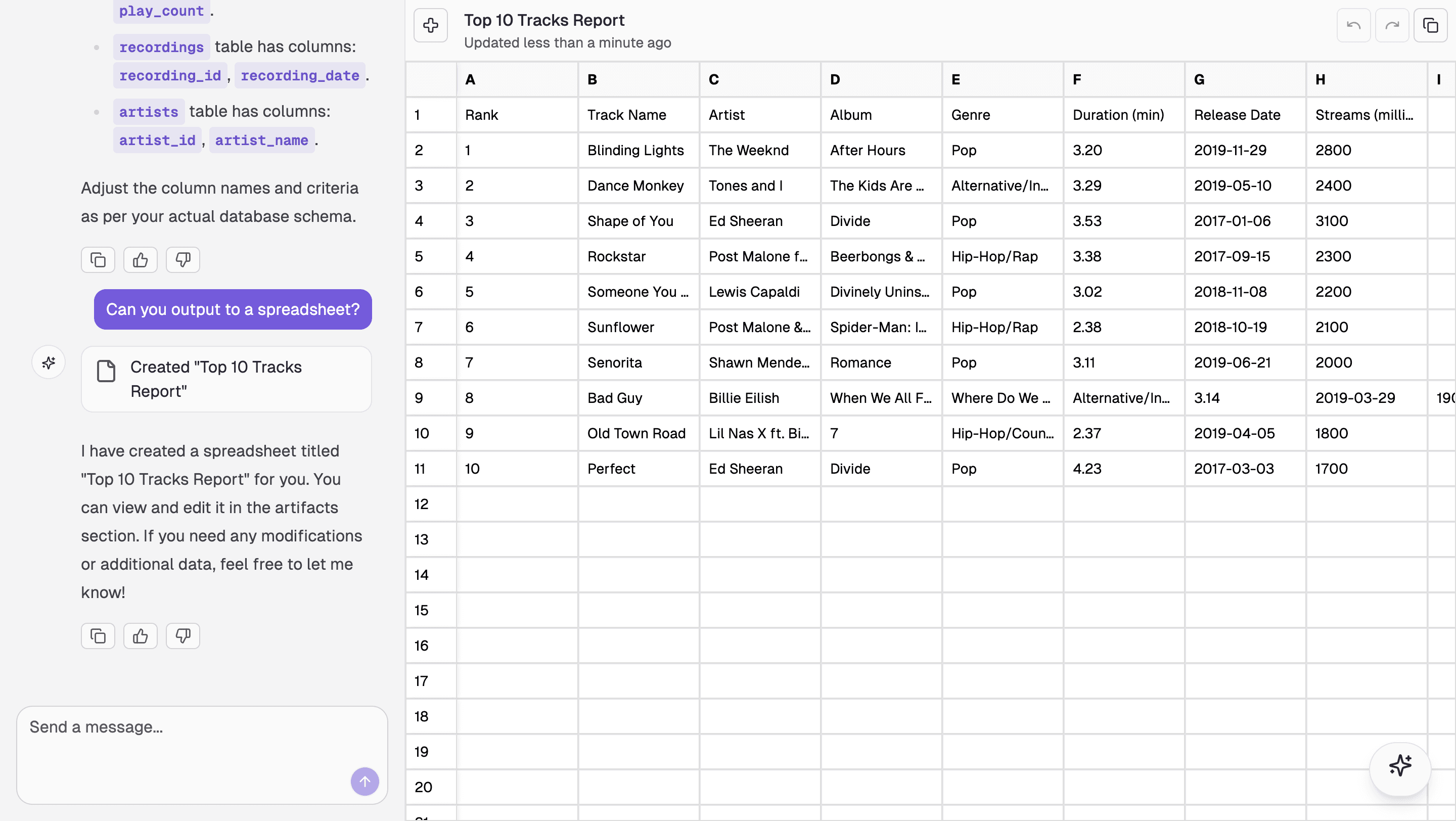 Document and spreadsheet artifacts