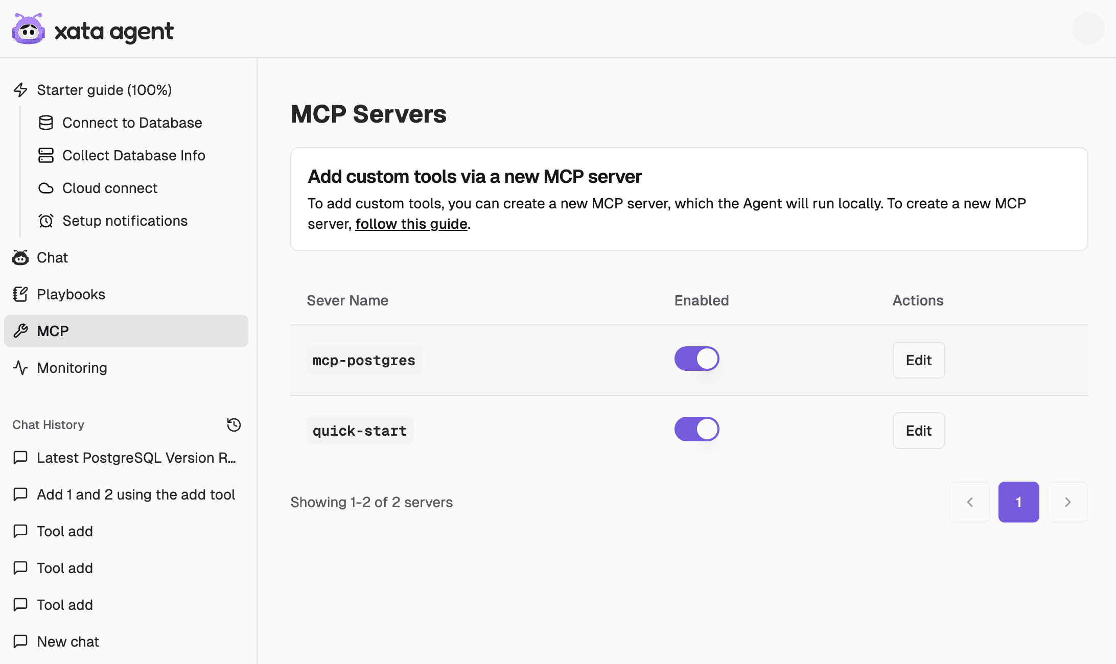 Screenshot of the Xata MCP Servers page