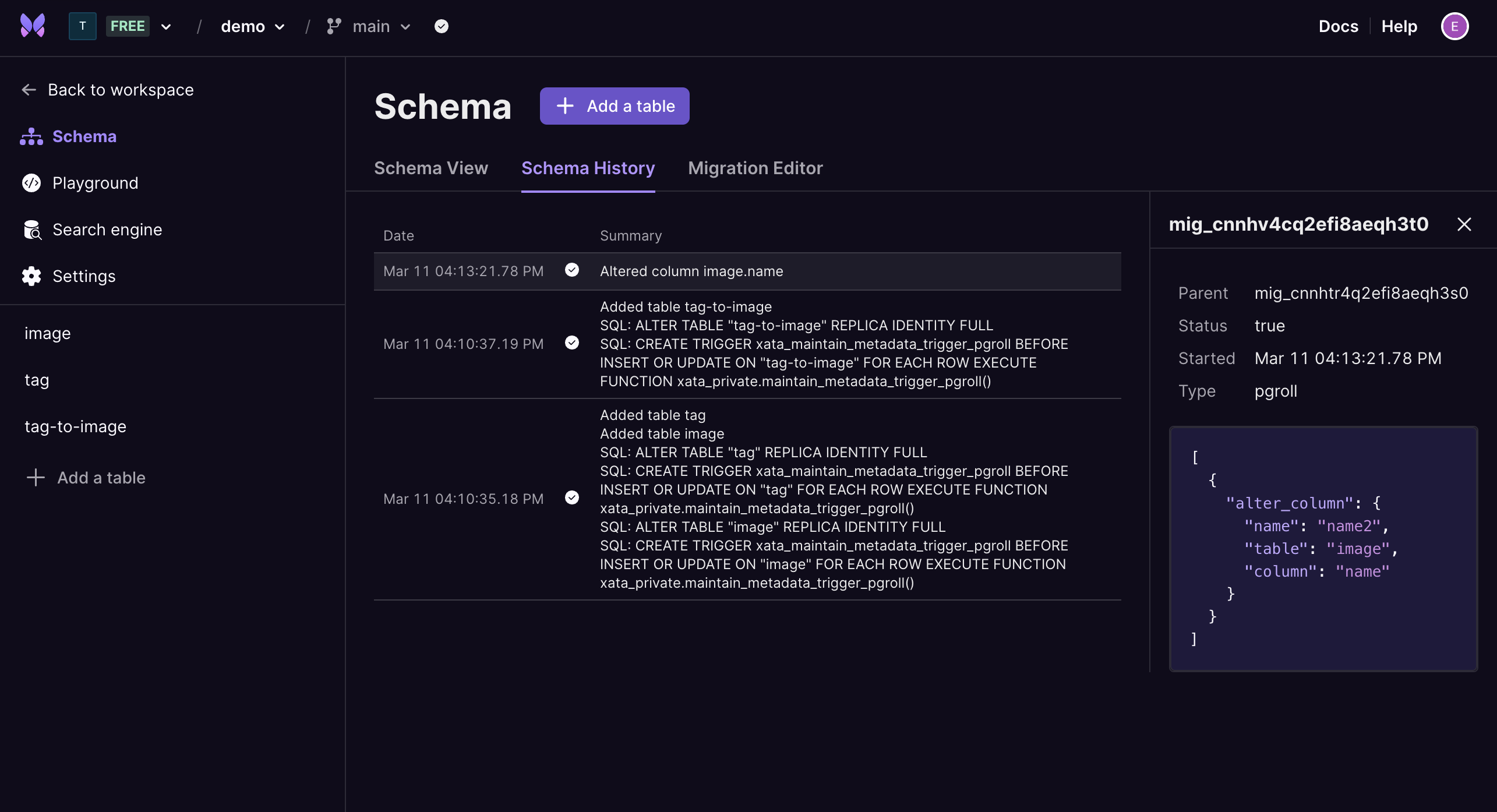 New Schema History tab