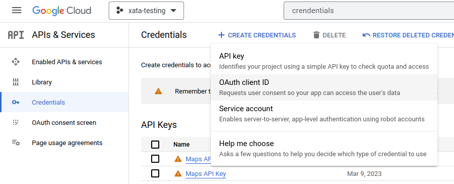 Select Oauth from the dropdown