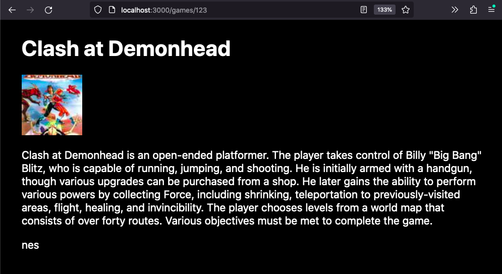 Info page for 'The Clash at Demonhead' at route /games/123