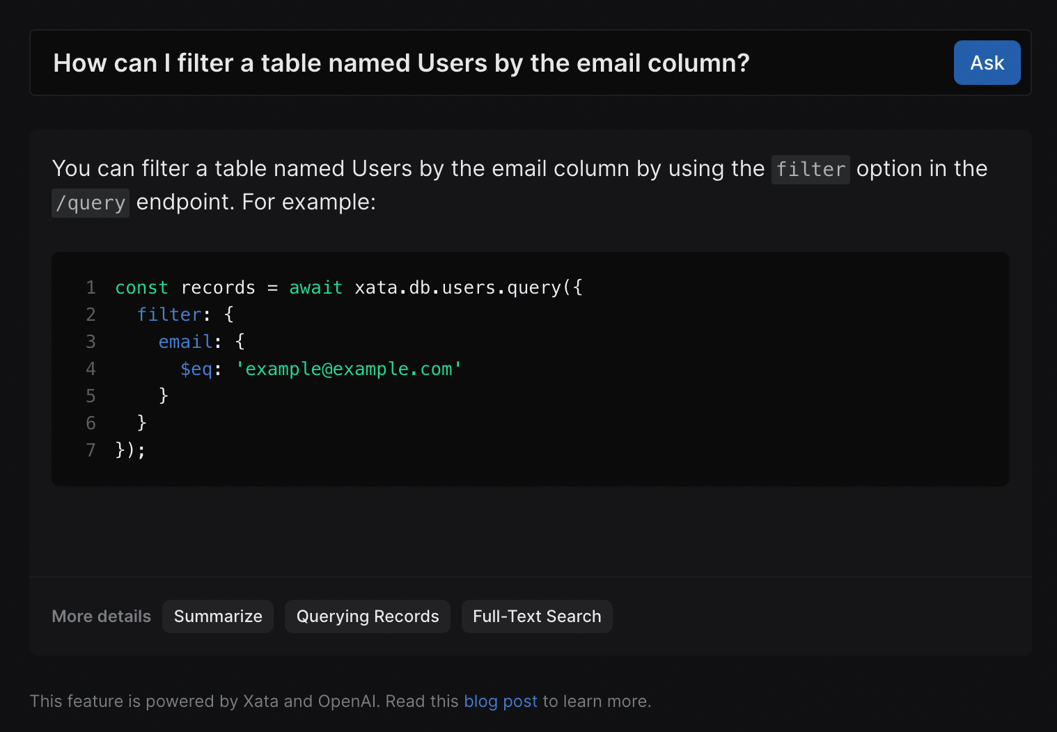 Question for the Xata bot: How can I filter a table named Users by the email column?